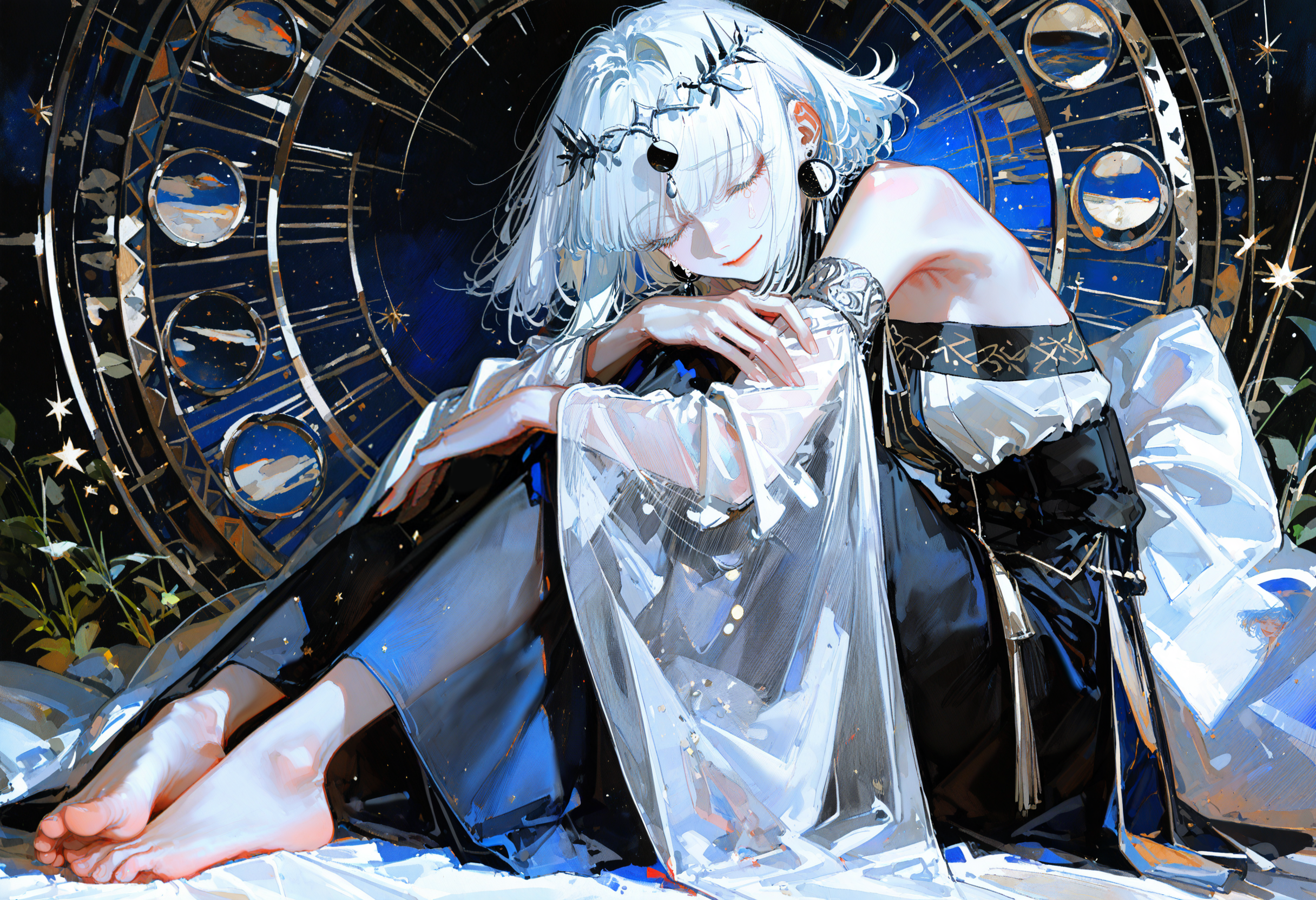 masterpiece, best quality, very aesthetic, absurdres, traditional media, thick painting, dark theme, night, (au \(d elete\):1.2), 96yottea,  1girl asymmetrical_sleeves bare_shoulders barefoot castle circlet, half-closed eyes, closed_mouth cloud crescent detached_sleeves dress earrings expressionless feet full_body fur_scarf jewelry lace_sleeves long_dress long_sleeves medium_hair mismatched_sleeves moon_phases night night_sky picture_frame scarf see-through_clothes see-through_shawl shawl sitting sky solo star_(sky) star_(symbol) starry_sky strapless strapless_dress tassel tassel_earrings toes tree watermark weibo_watermark white_dress white_hair white_scarf white_shawl white_sleeves, smile, crying, tear, two-tone background  <lora:illustrious_noobai_epsilon_pred_1_best_quality_v1:0.7><lora:illustrious_noobai_epsilon_pred_1_masterpieces_v1:0.7> <lora:ponyv4_noob1_2_adamW-000017:0.6><lora:96YOTTEA-WAI:0.65><lora:0d28507d-6abc-443d-9c00-5f399ab8c7eb.TA_trained:0.5>