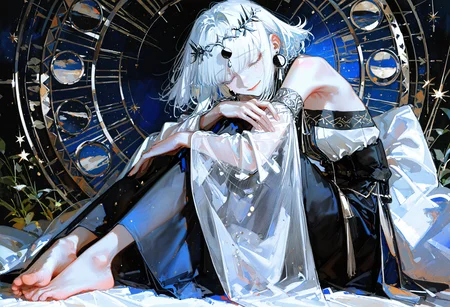 masterpiece, best quality, very aesthetic, absurdres, traditional media, thick painting, dark theme, night, (au \(d elete\):1.2), 96yottea, 1girl asymmetrical_sleeves bare_shoulders barefoot castle circlet, half-closed eyes, closed_mouth cloud crescent detached_sleeves dress earrings expressionless feet full_body fur_scarf jewelry lace_sleeves long_dress long_sleeves medium_hair mismatched_sleeves moon_phases night night_sky picture_frame scarf see-through_clothes see-through_shawl shawl sitting sky solo star_(sky) star_(symbol) starry_sky strapless strapless_dress tassel tassel_earrings toes tree watermark weibo_watermark white_dress white_hair white_scarf white_shawl white_sleeves, smile, crying, tear, two-tone background <lora:illustrious_noobai_epsilon_pred_1_best_quality_v1:0.7><lora:illustrious_noobai_epsilon_pred_1_masterpieces_v1:0.7> <lora:ponyv4_noob1_2_adamW-000017:0.6><lora:96YOTTEA-WAI:0.65><lora:0d28507d-6abc-443d-9c00-5f399ab8c7eb.TA_trained:0.5>