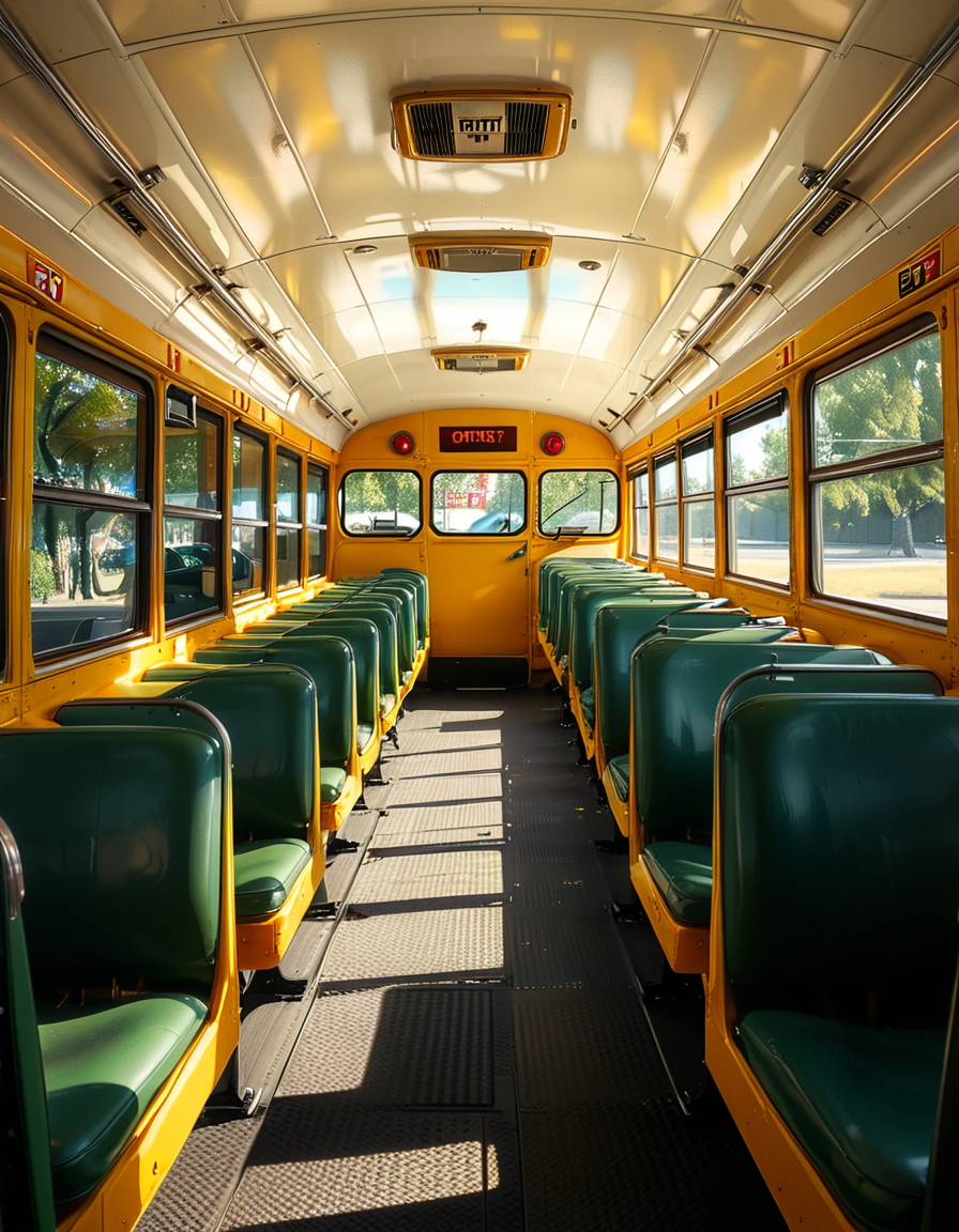 The interior of a classic yellow school bus, captured in a clean and well-maintained state. Long rows of simple green vinyl seats line both sides of a narrow aisle, slightly worn from regular use. The perspective is from the front of the bus, looking toward the back, with a clear view of the seats and the metal handrails on top of each row. Sunlight streams in through the large rectangular windows on both sides, creating soft reflections on the seats and a warm glow inside. The floor is textured black rubber, with faint signs of foot traffic. The atmosphere feels quiet and inviting, with no students present, giving a peaceful and slightly nostalgic vibe. The style is photorealistic, highlighting the details of the seat stitching, window latches, and the subtle reflections of light on surfaces. The background includes the driverâs area partially visible, with the steering wheel and dashboard controls adding to the authenticity.
<lora:SDXLFaeTastic2400:0.4> <lora:extremely_detailed:0.4> extremely detailed, <lora:sch00l_bus:1>,sch00l bus, Masterpiece,best quality,hi res,8k,hi res,8k,award winning,(sharp focus, intricate, highly detailed),