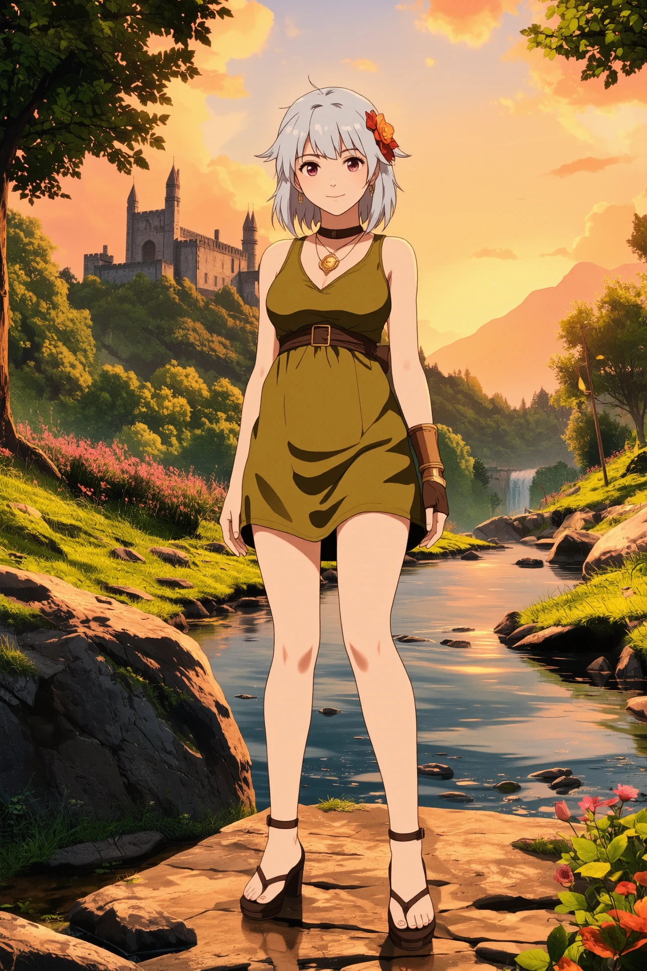 Tristanian spiky hair silver hair (young woman), (druid:1.2), anime, illustration, (extremely detailed), (portrait), (standing:1.2), (happy smile), flower in hair, glossy lipstick, celtic necklace, cuff earrings, loincloth, (sandals),  Corn Green (druid short dress), (legs), heels, (sharp focus),  fantasy, (beautiful celtic landscape:0.9), (small rock:0.9), (moss:0.4), (ripples, reflections:0.8), celtic  castle, (small river small pond:0.5), druid forest, (druid village:1.2), (stunning nature environment:0.8), (enchanted land:0.5), clovers, (Eye Brown flowers:0.9), leaves,bright (sunny sky), (sunset:0.3), best quality, colorful, wet floor, raytracing, hdr, high contrast, ethereal natural lights, backlight, (lens flare:0.4), shadows, (vibrant colors, colorful):0.6, pretty, beautiful, happy, smiling, feminine, sexy, lovely, in love, adorable, fashion,  <lora:Hand v2:1> <lora:Anti-Blur:1> <lora:RetroAnimeFluxV1:0.4> <lora:Luminous_Shadowscape:0.4>  <lora:SujatmikoArafuru_Flux:0.2> Suzume style