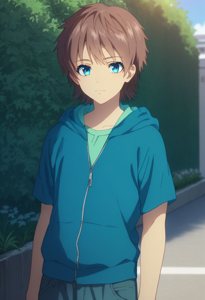 score_9, score_8_up, score_7_up, source_anime, highly detailed, 
kaname, solo, brown hair, 1boy, blue eyes, male focus, pants, t-shirt, hood, zipper. green t-shirt, pants, upper body,
outdoor,