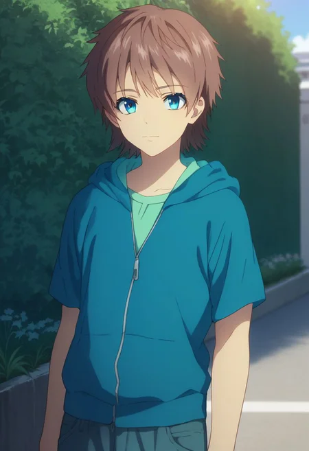score_9, score_8_up, score_7_up, source_anime, highly detailed,
kaname, solo, brown hair, 1boy, blue eyes, male focus, pants, t-shirt, hood, zipper. green t-shirt, pants, upper body,
outdoor,