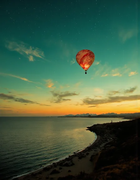 By Ibai Acevedo. A photograph taken from a distance camera angle about a hot air balloon flying over the ocean during sunset. the image also shows a serene landscape with calm water, distant mountains, and a distant lighthouse. on the left side of the image, a single, red and white checkered balloon is flying low over the water. the balloon is in the foreground, with the water stretching out in front of it. the sky is filled with stars, and the colors of the sky are a mix of teal, orange, and yellow hues, creating a beautiful contrast with the calm water. in the background, a distant mountain range is visible, adding to the serene atmosphere of the scene.