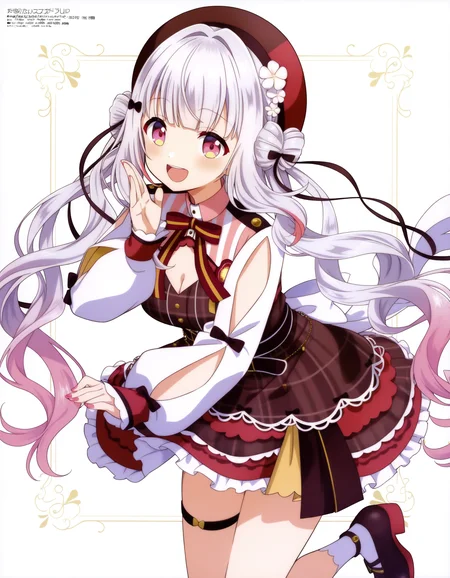 <lora:Amagi_ten:1>,amagi_ten, virtual youtuber, long hair, red eyes, pink eyes, twintails, hair bun, white hair, bangs, hair ornament, hair bow, pink hair, multicolored hair, grey hair, hair flower, cleavage, low twintails, pink nails, very long hair, double bun, gradient hair, nail polish,beret, bow, long sleeves,dress, shirt, plaid, flower, brown dress, belt, white shirt, skirt, plaid dress, ribbon, socks,thigh strap, shoes, striped, white socks, puffy long sleeves, white flower, red skirt, white bow, puffy sleeves, black headwear, clothing cutout, black bow, brown footwear, frills, red bow, red dress, black belt, brown bow, braid, plaid skirt, collared shirt, black footwear, sleeves past wrists,hat, brown headwear, red headwear,solo,cowboy shot,looking at viewer,close eyes, happy, NSFW, rating_explicit, (((masterpiece))), (((best quality))), (((super fine illustration))), hentai, 1girl, score_9, score_8_up, score_7_up, official art, official style, anime_cap, game cg, megami magazine,source_anime,