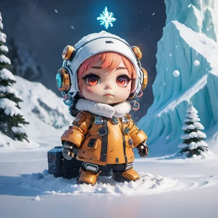 (masterpiece,top quality,best quality,official art,beautiful and aesthetic:1.2),chibi,snow,cry,elegant,highly detailed,sharp focus,cyberpunk,fried ballads,(luminescence:1.3),cybersuit,(snow mountain:1.3) cyber Christmas tree,<lora:chibi:0.8>,