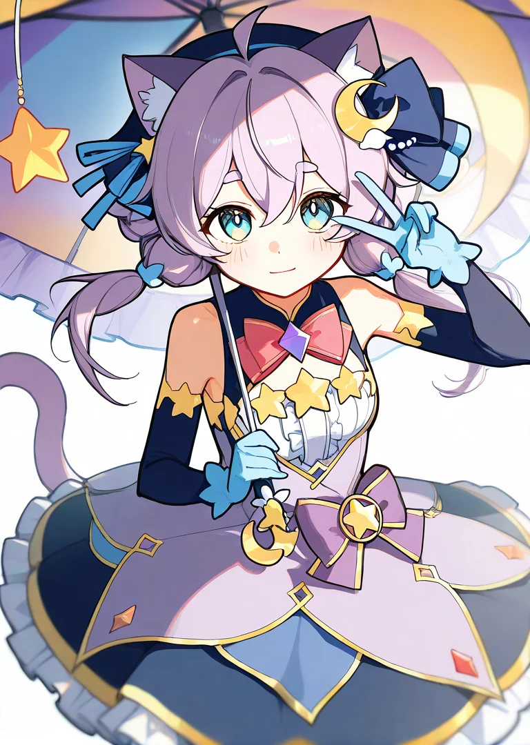 score_9, score_8_up, score_7_up, source_anime, wallpaper, BREAK,
(1girl:1.2), solo, <lora:PrismSaltIllustTest0.0.2 EA 4LR16EP:1>, salt\(maimai\), thick eyebrows, ahoge, hair between eyes, light smile,
cat ears, cat tail, animal ear fluff, green eyes, (grey purple hair:1.1), hair ornament, small breasts, star ribbon,star \(symbol\), star decorations,
crescent hair ornament, blue elbow gloves, frills, <lora:HandFixer_pdxl_Incrs_v1:0.6>,
looking at viewer,holding, umbrella, holding umbrella, v, straight-on, from above, cowboy shot,
white background, masterpiece, best quality, extremely detailed,
<lora:delicate:1>,