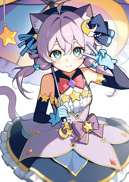 score_9, score_8_up, score_7_up, source_anime, wallpaper, BREAK,
(1girl:1.2), solo, <lora:PrismSaltIllustTest0.0.2 EA 4LR16EP:1>, salt\(maimai\), thick eyebrows, ahoge, hair between eyes, light smile,
cat ears, cat tail, animal ear fluff, green eyes, (grey purple hair:1.1), hair ornament, small breasts, star ribbon,star \(symbol\), star decorations,
crescent hair ornament, blue elbow gloves, frills, <lora:HandFixer_pdxl_Incrs_v1:0.6>,
looking at viewer,holding, umbrella, holding umbrella, v, straight-on, from above, cowboy shot,
white background, masterpiece, best quality, extremely detailed,
<lora:delicate:1>,