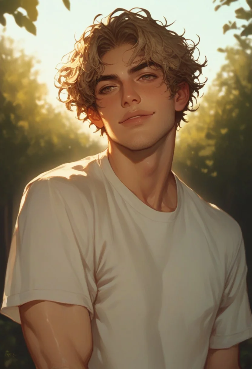 score_9, score_8_up, score_7_up, 1boy, man, adult, tan skin, olive skin, blonde hair, hazel eyes, short hair, messy hair, solo, face focus, PRSNL4 Style, very aesthetic, digital drawing, soft light, detailed background, outdoors, college campus, looking to the side, handsome, t-shirt, athletic build, stubble, light body hair, jock, confident smile, smirk, sinfully stylish, dramatic lighting, long shadows, Semi-realism, morimee_style