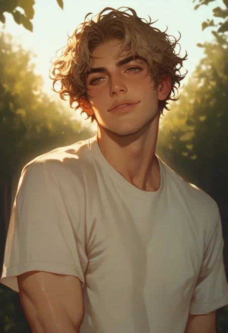 score_9, score_8_up, score_7_up, 1boy, man, adult, tan skin, olive skin, blonde hair, hazel eyes, short hair, messy hair, solo, face focus, PRSNL4 Style, very aesthetic, digital drawing, soft light, detailed background, outdoors, college campus, looking to the side, handsome, t-shirt, athletic build, stubble, light body hair, jock, confident smile, smirk, sinfully stylish, dramatic lighting, long shadows, Semi-realism, morimee_style