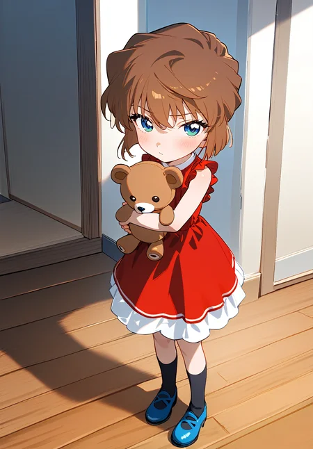 1girl,
haibara ai, meitantei conan,
stuffed toy, dress, socks, long sleeves, shoes, brown hair, black socks, red dress, child, green eyes, sleeveless, sleeveless dress, short hair, stuffed animal, full body, solo, indoors, wooden floor, black shirt, standing, holding stuffed toy, holding, blue eyes, looking at viewer, hair between eyes, blue footwear, shirt, closed mouth, teddy bear, blush, white dress,
masterpiece, newest, absurdres, safe
<lora:2080ti_ag31_haibara_ai-000011:1> <lora:a31_style_koni:1>