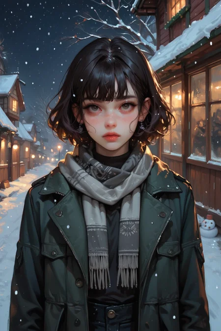 snow, no humans, snowman, scarf, snowing, sky, night, outdoors, signature, winter, painting \(medium\), solo, artist name, traditional media, night sky, animal, looking at viewer, blue scarf, grey scarf, bird, animal focus, black eyes, <lora:S1_Dramatic_Lighting_v2:0.15> s1_dram, zPDXL3, detailxl,  Score_PnyReal,