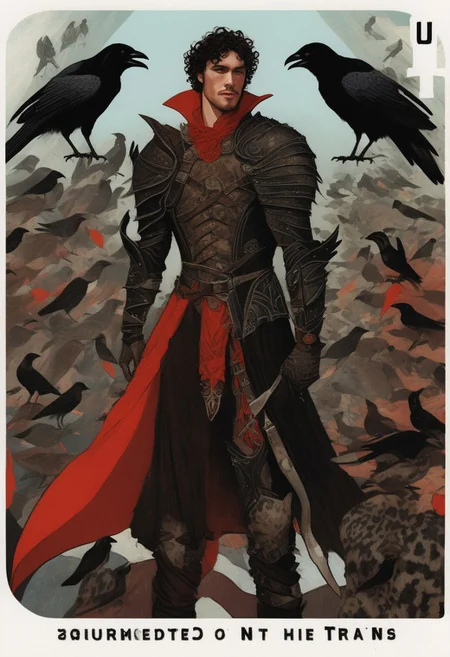 ((surrounded by swarm of ravens)), art by Seb Mckinnon, art déco, bandit, ((20 year old college hunk)), slim waist, curly dark brown hair, ((scimitar in left hand)), ((form fitting ornate leather armor)), red feather cloak, ((bleeding eyes))