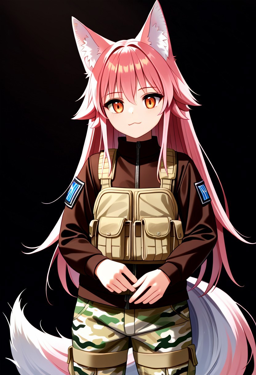 score_9, score_8_up, score_7_up, score_6_up, score_5_up, score_4_up, Lanka Ookami, wolf girl, long hair, pink hair, wolf ears, ear fluff, fluffy wolf tail, ((wolf tail)), (orange eyes: 1.1),<lora:military-combat-uniform-ponyxl-lora-nochekaiser:1> military combat uniform, camouflage jacket, camouflage, load bearing best, camouflage pants, soldier, bulletproof vest, combat helmet, assault rifle, rifle (AK47 soviet rifle),, desert, sun, blue sky,, cowboy shot,