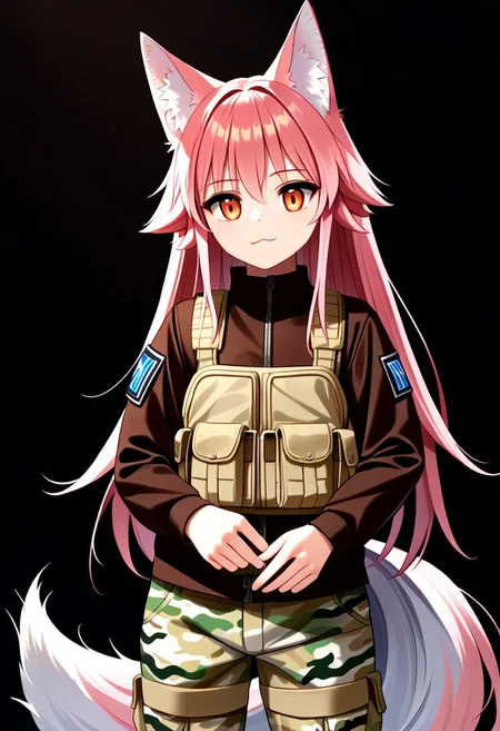 score_9, score_8_up, score_7_up, score_6_up, score_5_up, score_4_up, Lanka Ookami, wolf girl, long hair, pink hair, wolf ears, ear fluff, fluffy wolf tail, ((wolf tail)), (orange eyes: 1.1),<lora:military-combat-uniform-ponyxl-lora-nochekaiser:1> military combat uniform, camouflage jacket, camouflage, load bearing best, camouflage pants, soldier, bulletproof vest, combat helmet, assault rifle, rifle (AK47 soviet rifle),, desert, sun, blue sky,, cowboy shot,