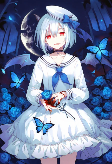 1girl, 
solo, red eyes, butterfly, hat, wings, bug, holding, white hair, white headwear, choker, blood, horns, bow, smile, short hair, white sailor collar, looking at viewer, sailor collar, flower, blue flower, blue rose, long sleeves, blue butterfly, rose, moon, dress, black choker, holding flower, hat bow, hair between eyes, cowboy shot, open mouth, skirt, blue bow, shirt, blood on hands, white dress, very awa hunter! \(project sekai\), long hair,
masterpiece, best quality, newest, absurdres, highres, safe
 <lora:Dhiea1_noob1.1-000177:1>