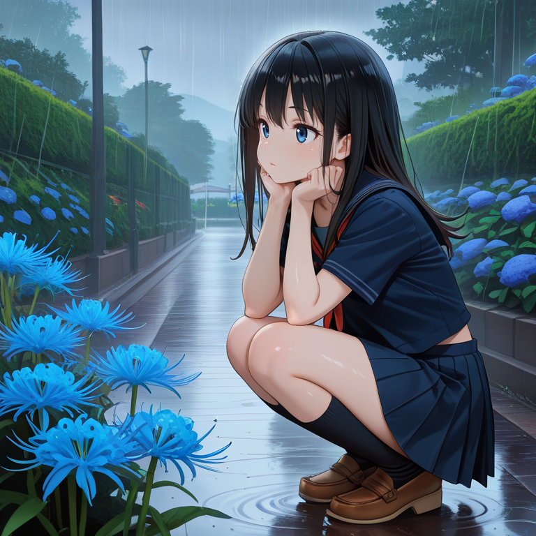 <lora:IL_lycoris_spider_lily:1>,lycoris/(flower/),1girl,solo,squatting,outdoors,blue flower,rain,serafuku,classic style,pleated skirt,garden,, masterpiece,amazing quality,best quality,ultra-detailed,8K,illustration,CG,shiny hair,clear skin,ultra-detailed-eyes,ultra-detailed-background,