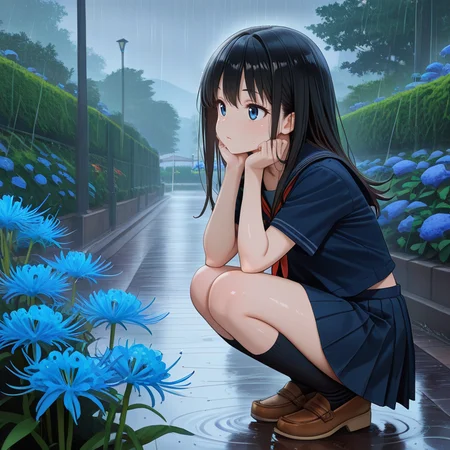 <lora:IL_lycoris_spider_lily:1>,lycoris/(flower/),1girl,solo,squatting,outdoors,blue flower,rain,serafuku,classic style,pleated skirt,garden,, masterpiece,amazing quality,best quality,ultra-detailed,8K,illustration,CG,shiny hair,clear skin,ultra-detailed-eyes,ultra-detailed-background,