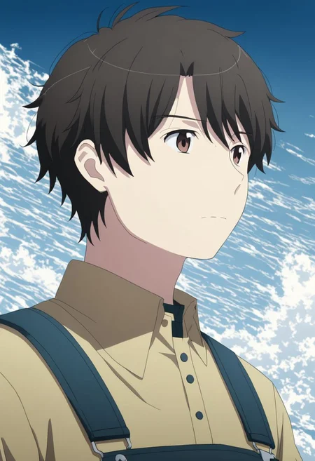 high resolution, solo, best quality, 1Boy, Inaho Kaizuka, Black Hair, Brown Eyes, existential longing, infinite sky, OverallDetail