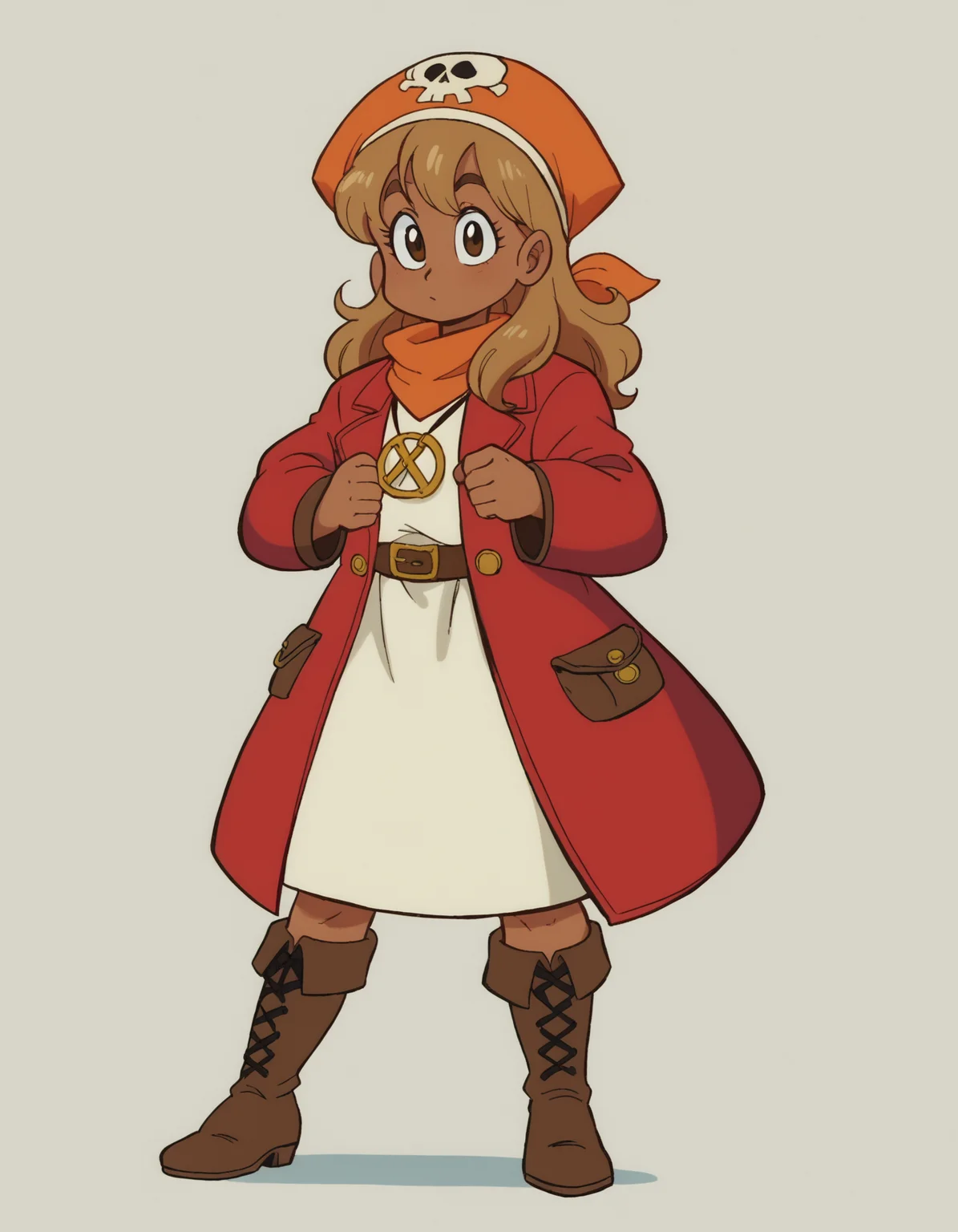 zPDXL, score_9, score_8_up, score_7_up, source_anime,
1girl, solo,  <lora:EarlyAkira_v3:0.8> drgbls1, (angelic pirate) young woman, indian, mocha skin, light brown eyes, curvy build, hazel hair, wearing Faded red coat over a linen shirt, patched skirt, bandana headscarf, weathered boots, skull and crossbones amulet,spyglass on a leather cord, in waterfront alehouse, rough-hewn tables and benches, flickering lanterns, raucous sea shanties sung by drunken sailors and rowdy revelers ,