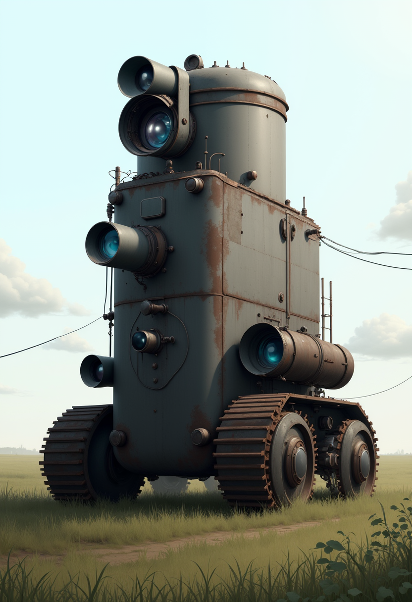 YFG-SpyWorld50s The image is a digital illustration of a large, rusted military vehicle in the middle of a field. The vehicle appears to be a tank or armored vehicle, with a large tank-like structure on top of it. The tank is gray in color and has a rusted and weathered appearance. It has two large wheels on the bottom and two smaller wheels on either side. On the top of the tank, there is a large metal container with a lid that is open, revealing the interior of the container. The container is covered in dirt and grime, indicating that it has been exposed to the elements for a long time. There are several pipes and wires running along the sides of the machine, and a large circular lens on the left side of the body. The machine is surrounded by a field of tall grass and plants, and there are a few clouds in the background. The sky is a pale blue color, and the overall mood of the image is desolate and desolate.