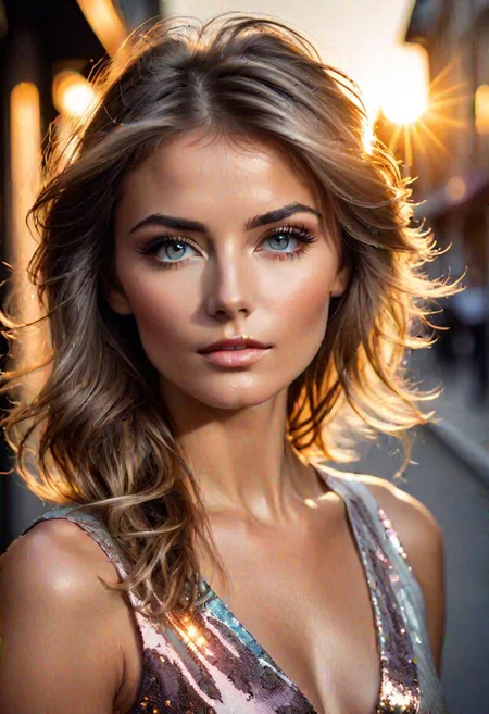 porcellana style, (ultra clear:1.2),( ultra detailed, very detailed :1.3), (photorealistic:1.4),( raw photo:1.1), (best quality, high quality, sharp focus:1.2), ((Glamour Shot)),european beautiful woman, model face, look at the viewer, street, bokeh, 4k,sleeveless dress, high contrast, dramatic lighting,( sunlight:1.1), dawn, shiny beautiful eyes, MESSY HAIR,( colorful:1.1), volumetric light,