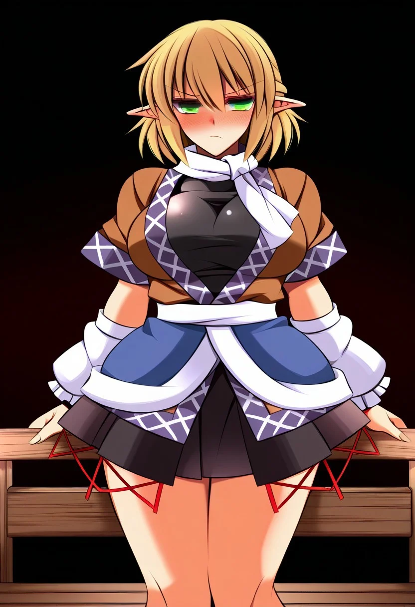 ueda katsuhito style, ((demon city)), ((dark fantasy background)), ((on a wooden bridge)), (1girl), ((solo)), ((tall)). (standing), (posing), (blush), (legs), (looking at viewer), annoyed, ((mizuhashi parsee)), ((large breasts)), blonde hair, short hair, hair between eyes, medium bangs, green eyes, pointy ears, shirt, scarf, brown shirt, white scarf, short sleeves, skirt, black skirt, black shirt, undershirt, arm warmers