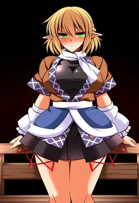 ueda katsuhito style, ((demon city)), ((dark fantasy background)), ((on a wooden bridge)), (1girl), ((solo)), ((tall)). (standing), (posing), (blush), (legs), (looking at viewer), annoyed, ((mizuhashi parsee)), ((large breasts)), blonde hair, short hair, hair between eyes, medium bangs, green eyes, pointy ears, shirt, scarf, brown shirt, white scarf, short sleeves, skirt, black skirt, black shirt, undershirt, arm warmers