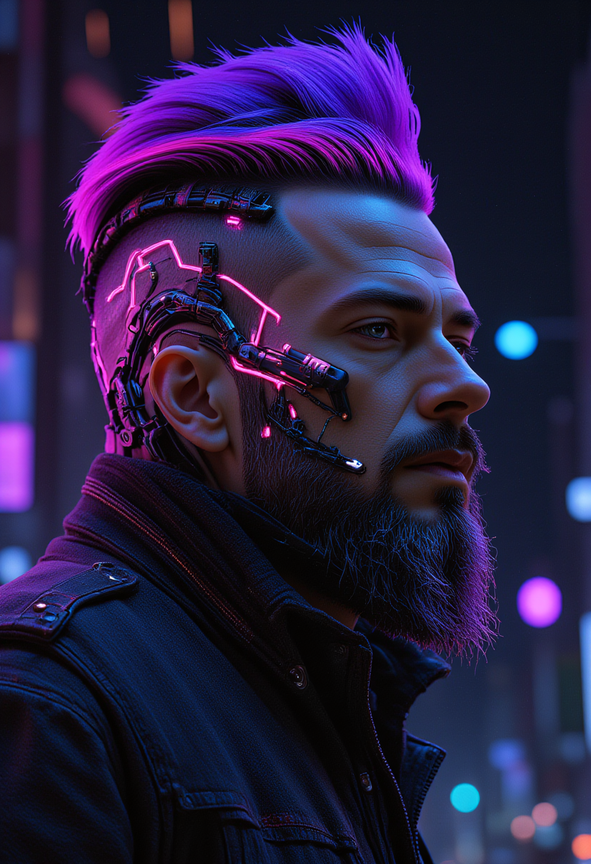 grizzled masculine cyberpunk man, augments, realistic skin, looking at viewer, science fiction street at night, looking at the viewer from the side, neon implants, neon gradient hair, shaved side, detailed eyes,. style of Chris Cold , <lora:fluxAugments_epoch_2>