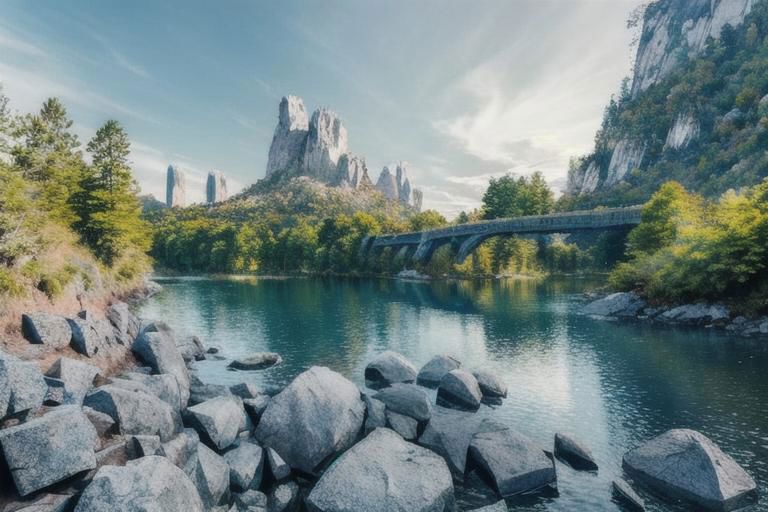 (Realistic:1.5) EdobLandscapeAlpha , outdoors, thorns, signature, blue theme, evening, alien, bridge, solo, rock, forest, <lora:EdobLandscapeAlpha_v1.0:0.8>