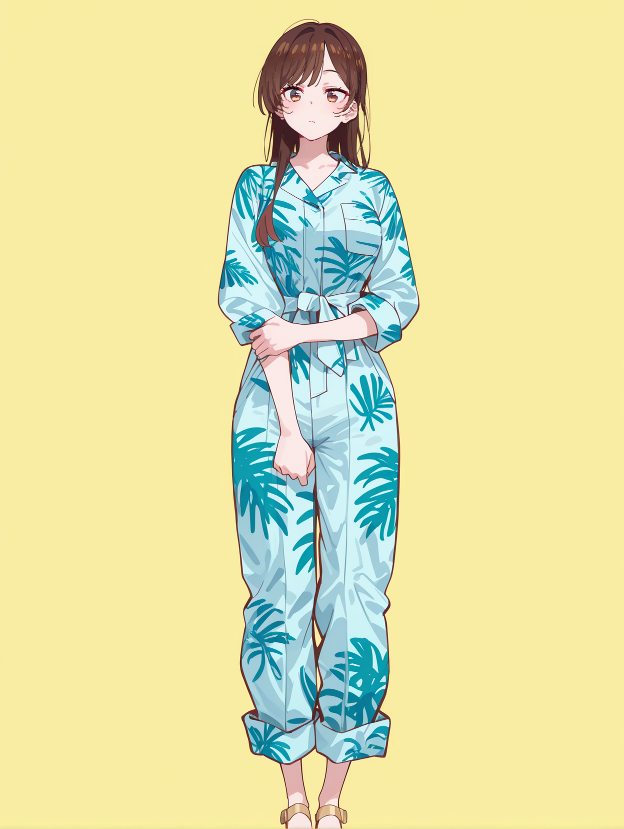 masterpiece,best quality,amazing quality,very aesthetic,absurdres,newest,
front view,full_shot,Raised eyebrow with interest,
ChinoseChizuruCYQL,1girl,solo,brown hair,long hair,bangs,brown eyes,large breasts,Palm tree print jumpsuit, strappy sandals,
full body,standing,arm_grab,,
yellow background,simple background,
usnr,748cmstyle,<lora:USNR STYLE_XL_loha:0.45>,<lora:DarkerThanBlackIllustrious:0.5>,<lora:spo_sdxl_10ep_4k-data_lora_webui:0.6>,<lora:illustrious_all_rated_v1:0.7>,<lora:748cmSDXL:0.8>,<lora:illustrious_quality_modifiers_masterpieces_v1:0.9>,<lora:ChinoseChizuruCYQL:1>,