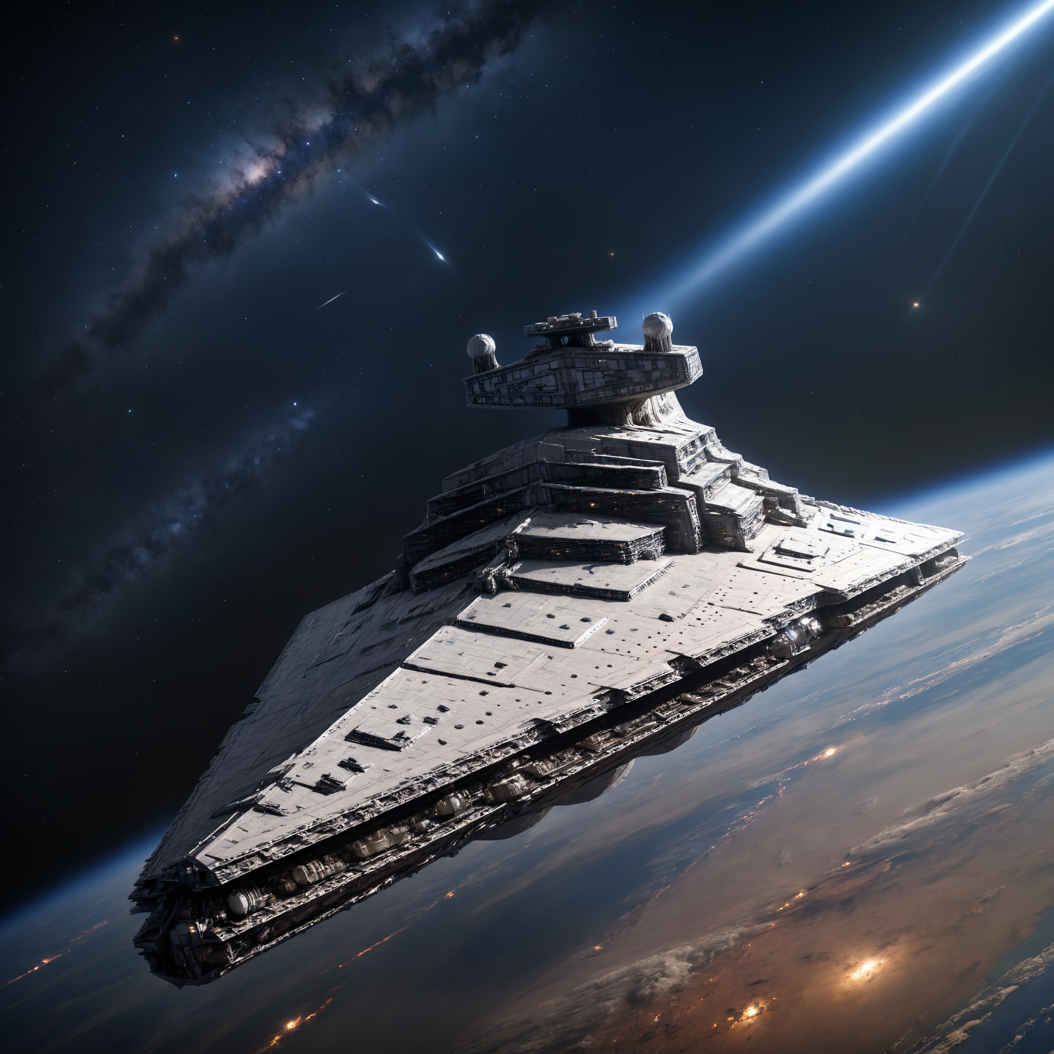 realistic close up photo of star destroyer near the earth in space
 <lora:Star_Destoyer_SDXL:1>, high quality photography, 3 point lighting, flash with softbox, 4k, Canon EOS R3, hdr, smooth, sharp focus, high resolution, award winning photo, 80mm, f2.8, bokeh