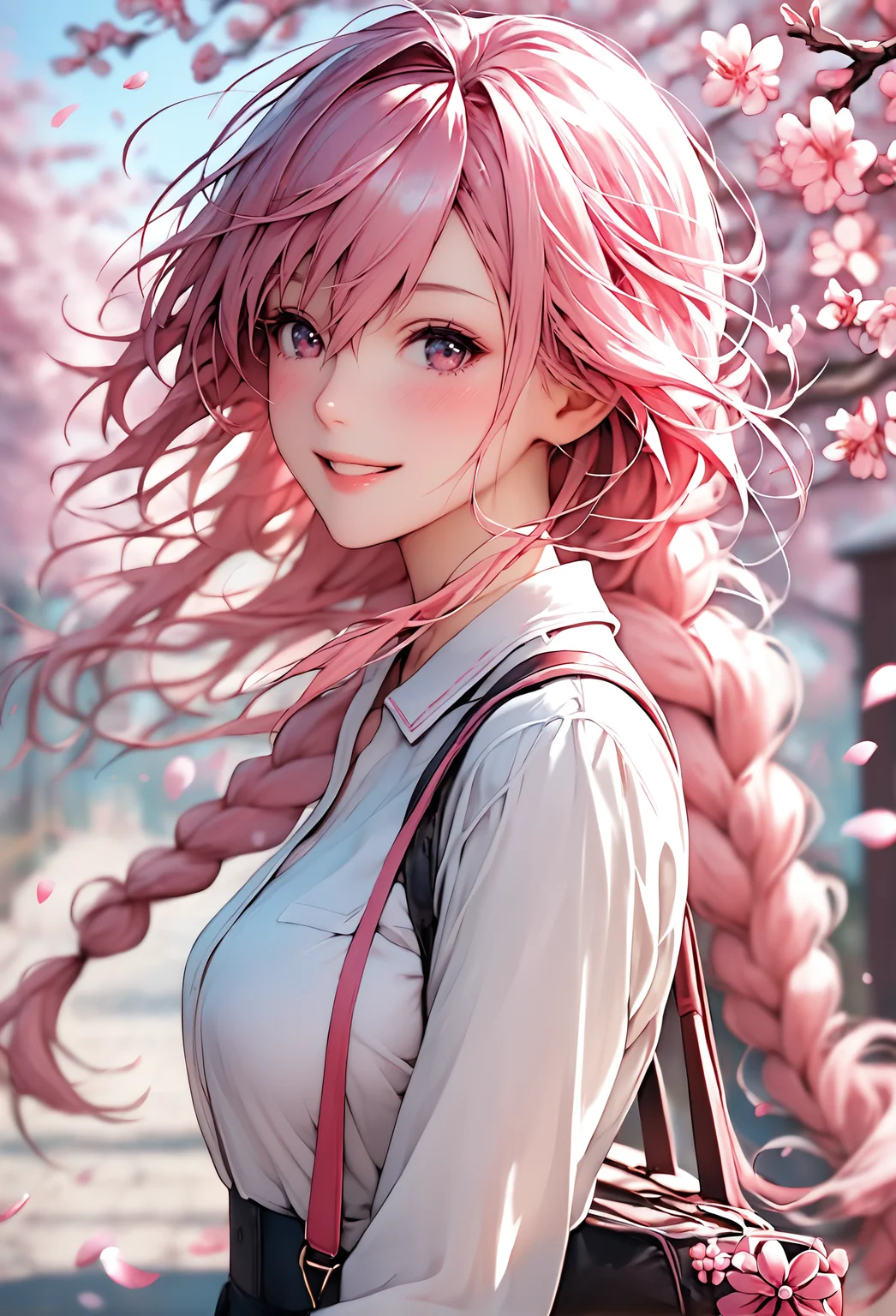 score_9, score_8_up, score_7_up, 1girl, bag, bangs, blurry, blurry background, blurry foreground, blush, braid, branch, cherry blossoms, depth of field, hair between eyes, hanami, long hair, looking at viewer, outdoors, parted lips, petals, pink hair, smile, solo, spring (season), tree, white shirt, wind