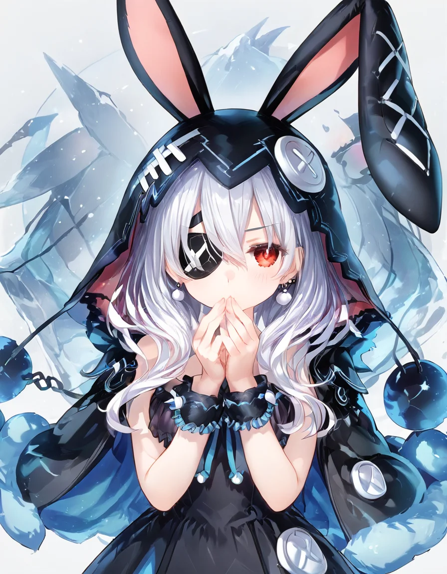InverseYoshino, 1girl, solo, long hair, looking at viewer, blush, bangs, simple background, red eyes, white background, animal ears, hair between eyes, closed mouth, upper body, white hair, hood, rabbit ears, wrist cuffs, hands up, fake animal ears, eyepatch, hood up, animal hood, rabbit hood
