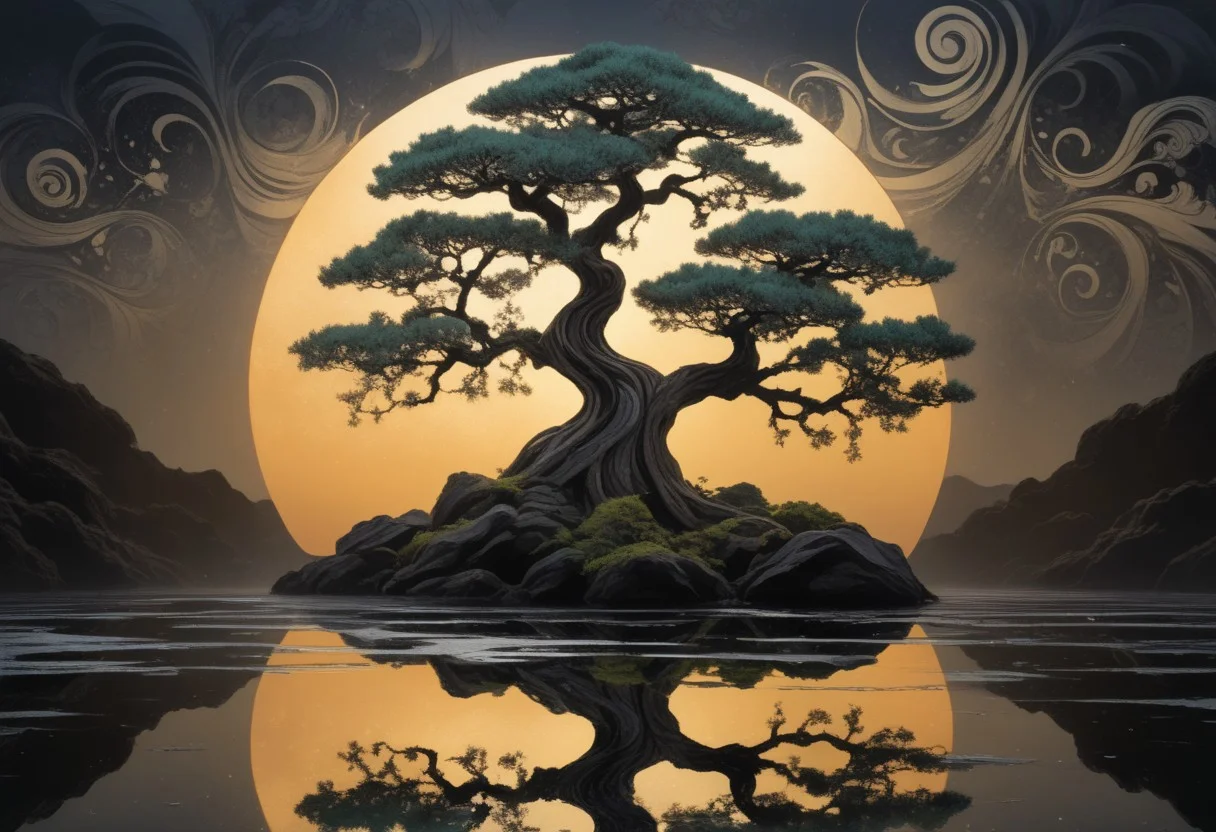 style of Ukiyo-e,
paint stains, paint splatters, paint runs, paint spots, faded paint, dramatic bonsai tree, plant on black reflective surface, sunrise, detailed, amazing natural lighting, monochromatic tone, weeping for the lost children, (protected by the swirly wispy translucent spirits of the ancestors:1.5), asymmetrical fractal pattern, linquivera