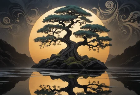 style of Ukiyo-e,
paint stains, paint splatters, paint runs, paint spots, faded paint, dramatic bonsai tree, plant on black reflective surface, sunrise, detailed, amazing natural lighting, monochromatic tone, weeping for the lost children, (protected by the swirly wispy translucent spirits of the ancestors:1.5), asymmetrical fractal pattern, linquivera
