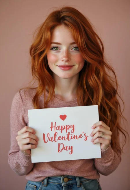 FictionalSabrina girl with red head girl with green eyes . smiling and holding a sign that says Happy Valentine Day