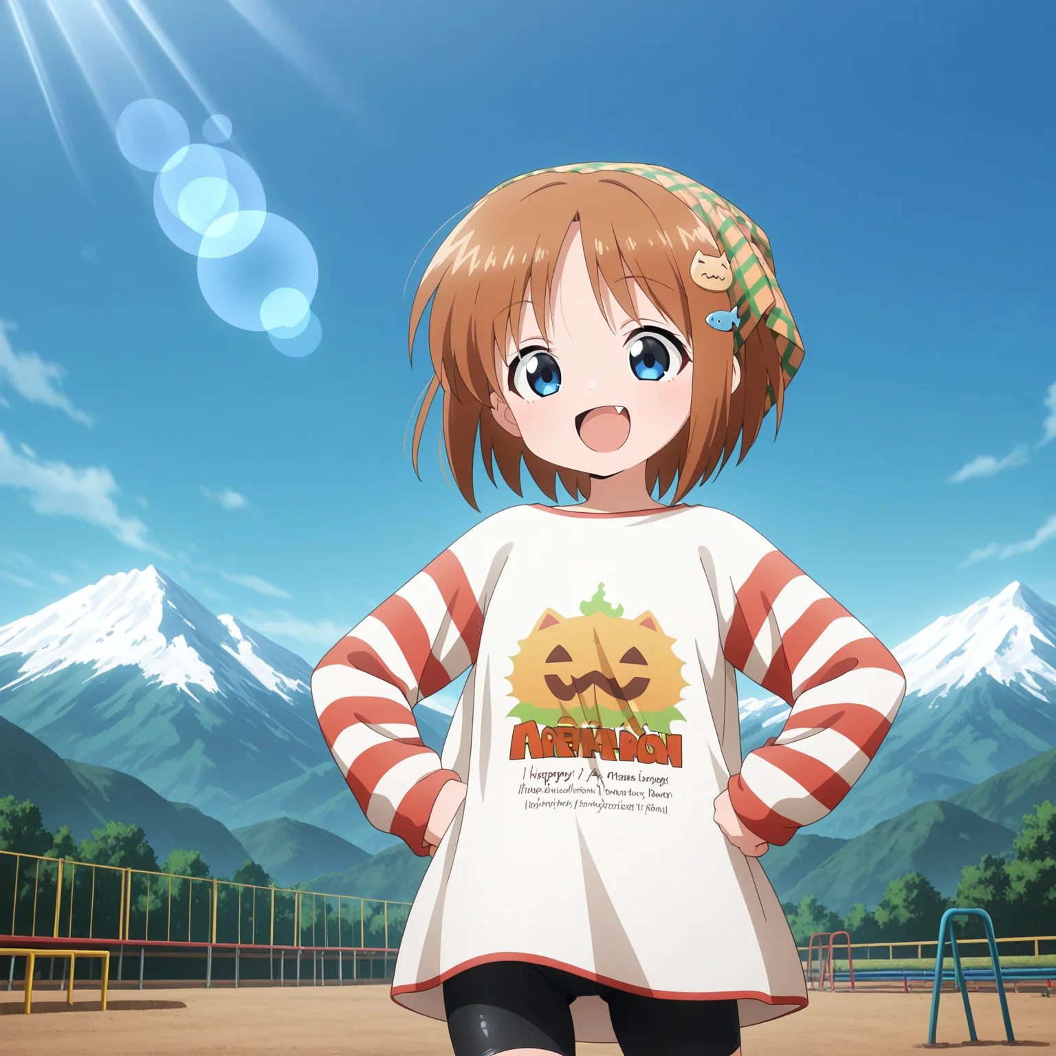 absurdres,highres,masterpiece,best quality,amazing quality,official anime artwork,outdoors,
anime screencap,KTMU22 \(style\),
1girl,solo,
(foreshortening,Volumetric Lighting,lens flare abuse,Cinematic Lighting),
dutch angle,clear sky,blue sky,
playground,mountain,
upper body,dynamic pose,motion lines,hands on own hips,
happy,:d,fang,
BREAK <lora:Yamato_Suzuran_illuV01_b3g2plw1c2wd075_d32a16_lr1200y900_rs3_rvs>,
YmtSzr_Suigetsu,brown hair,short hair,parted bangs,head scarf,checkered scarf,blue eyes,white shirt,print shirt,long sleeves,striped sleeves,black bike shorts,orange sneakers,cat hair ornament,fish hair ornament,