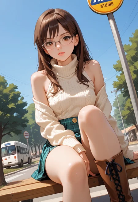score_9, score_8_up, score_7_up, score_6_up, amateur, photo, 2000s nostalgia , flash, pov, 1girl, thick nerdy glasses, brown eyes, long brown hair, button down oversized sweater, bare shoulders, plaid skirt, thigh high boots, legs crossed, sitting on a bench, bus stop, bad photo composition, out of focus, low quality photo, BREAK Dramatic angle, unique perspective, unique angle