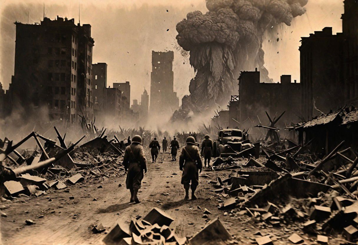 Godzilla, B&W 35mm vintage photo, WW2 picture, destroyed city backdrop,