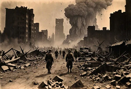 Godzilla, B&W 35mm vintage photo, WW2 picture, destroyed city backdrop,