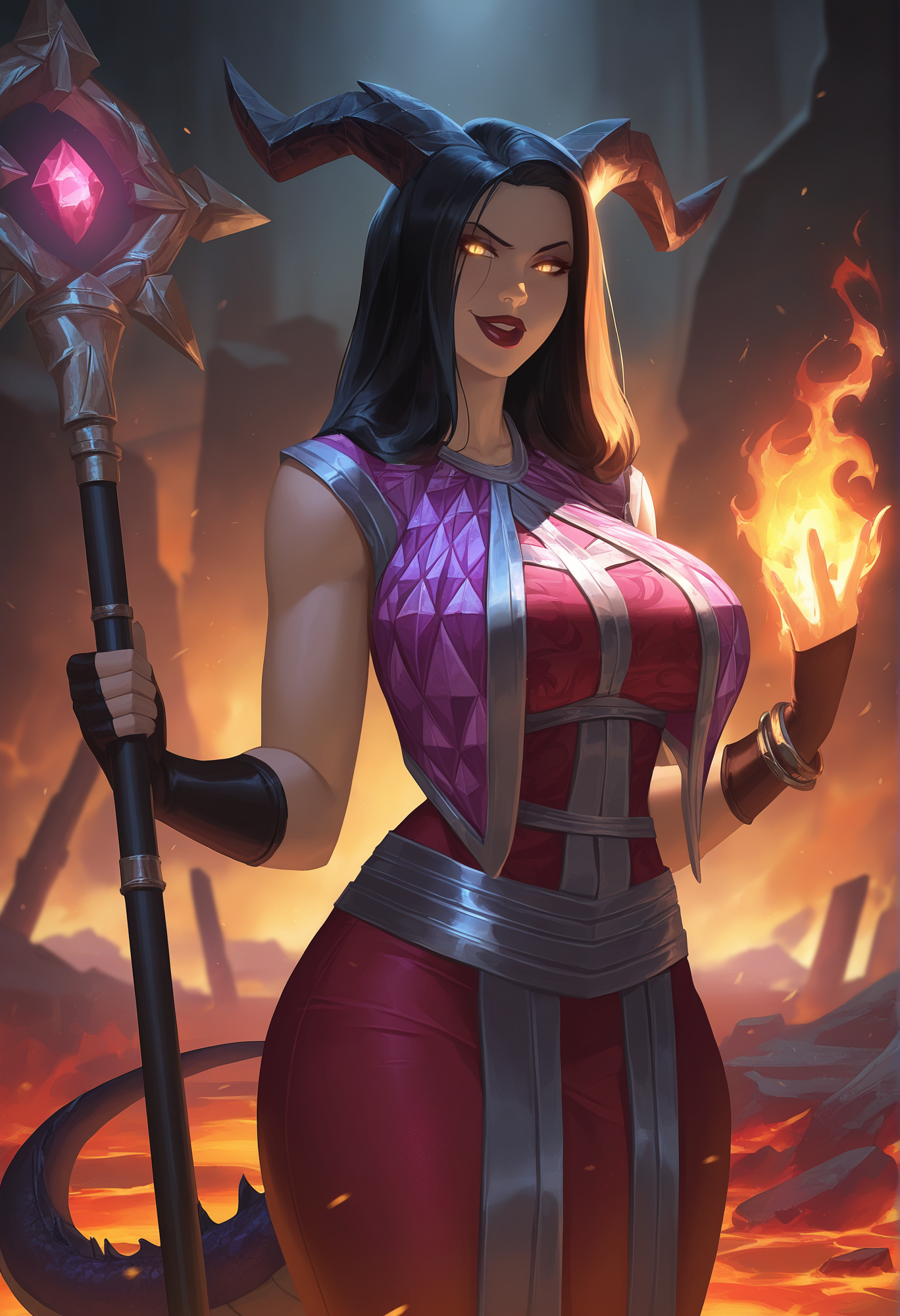 masterpiece, best quality, highres, absurdres, very awa, bloom, sidelighting,
Onyxia, standing, holding staff, cowboy shot, pyrokinesis, fire magic, casting spell, hands up, fire staff,
1girl, mature female, 1girl,
looking at viewer, smirk, dragon girl, dragon tail, dragon horns, parted lips,
black hair, long hair, yellow eyes, slit pupils, glowing eyes, thick lips, makeup, lipstick, bracelet,
robe, crop top, fingerless gloves,
curvy, large breasts,
outdoors, fire, red skies, wasteland, molten rock, ruins,
<lora:Onyxia 3216 NoobAIXL Vpred:1> [4 fingers:15]