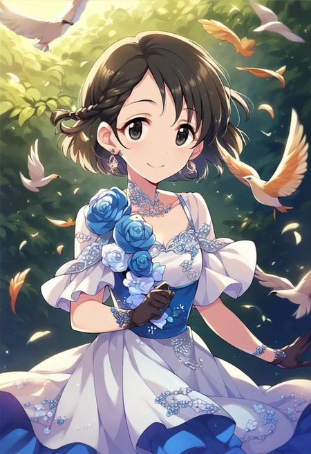 score_9, score_8_up, score_7_up, score_6_up, score_5_up, score_4_up,sasaki chie, short hair, black hair, black eyes, 1girl, gloves, dress, jewelry, earrings, solo, flower, smile, bird, braid