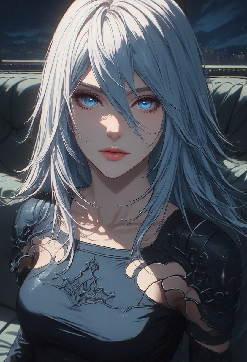 source_anime, bboil artist style, digital art, female portrait, semi-realistic, GLSHS, high-resolution, EyesHD, 
1girl, A2, \(nier:automata\)/,(ultra HD quality details), blue eyes, large blue eyes, white hair, straight hair, long hair, pale skin, beautiful face, cute, android, joints, one eye covered by hair, eyeliner, gorgeous lips, tights, medium breasts
cinematic, (masterpiece), (best quality), (ultra-detailed), very aesthetic, illustration, detailed eyes, perfect eyes, detailed  face, (beautiful detailed face, beautiful detailed eyes) ,extreme details eyes
indoors, sitting on couch, living room, night, closed mouth, from above