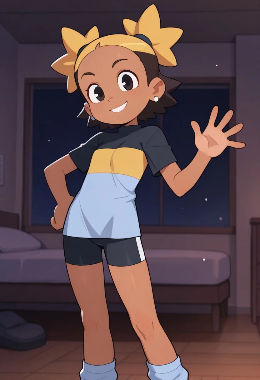 score_9,score_8_up,score_7_up,score_6_up, masterpiece, best quality, very aesthetic, 2d, ((thin lines)),
volumetric lighting, light particles, depth of field,
detailed background, indoors, bedroom,
BREAK
1girl, (female focus), solo, female, Perfect Body, (Perfect Anatomy), aik@, short hair, (gold hair:1.5), black undercut, white earrings, dark skinned female,
smile,
three tone shirt, bike shorts, blue socks,
cowboy shot,from the front,
standing, waving, hand on hips, smiling, dynamic pose, wide stance, looking at viewer