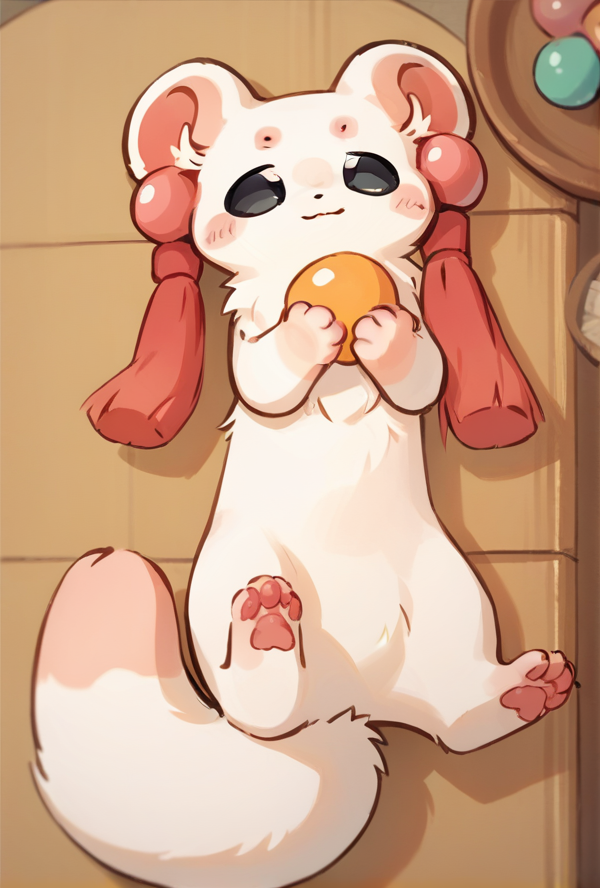 score_9, score_8_up, score_7_up, rating_safe, source_furry, big pink paw pads, cute, feral, on back <lora:Tubaoshu_Fabulous_Beasts_Pony:1> tubaoshu_f4bulousb3asts, ferret, ear accessory, open eyes, black eyes