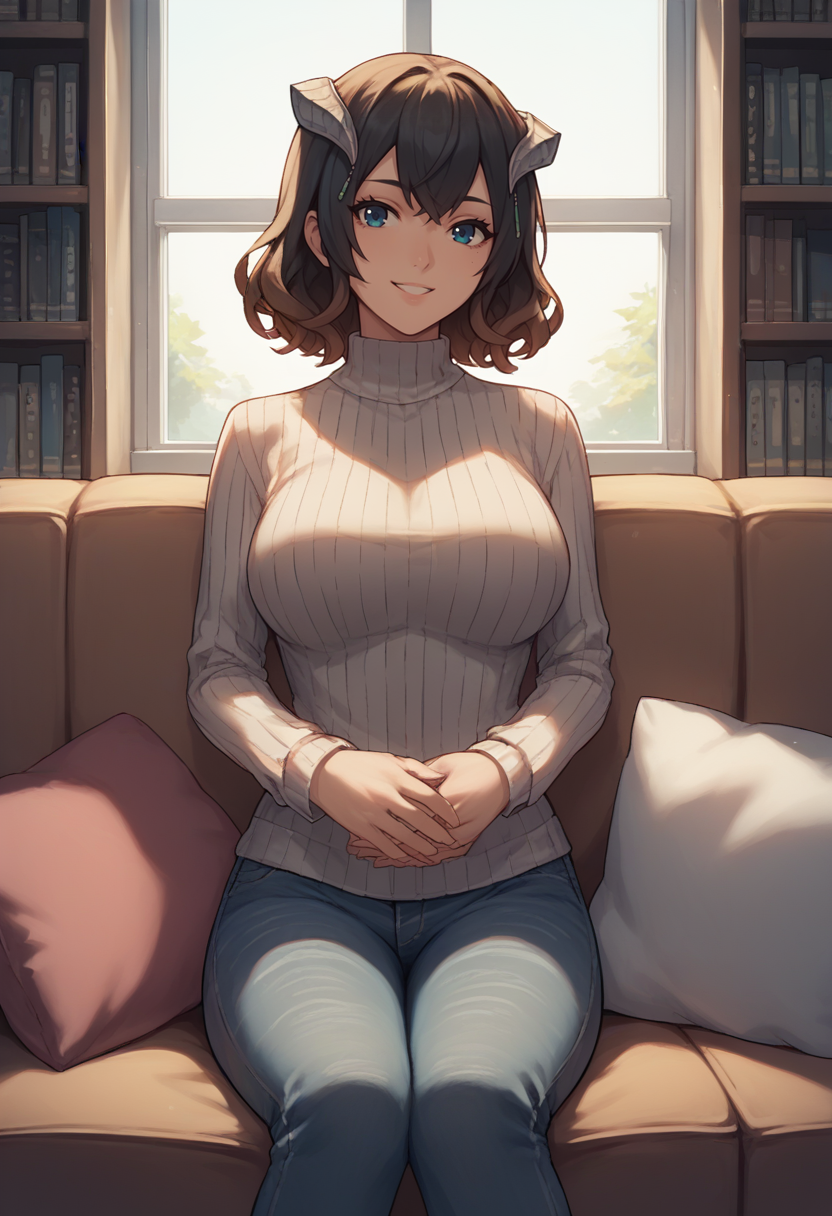 score_9, score_8_up, score_7_up, source_anime, 1girl, smile, looking at viewer, <lora:MiriamBS-pdxl:1> miriamBS, short hair, hair ornament, horns, large breasts, ribbed sweater, jeans, sitting, hands on lap,  couch, cushion, window, bookshelf