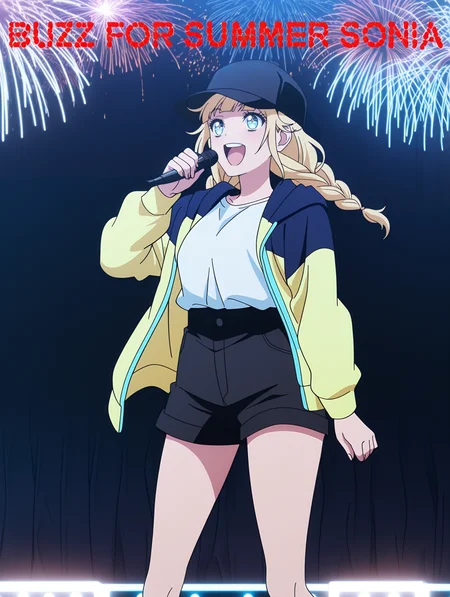 text "BUZZ FOR SUMMER SONIA",
red firework,
<lora:_eiko_tsukimi-elesico-ilxlA:1> prpkeiko, blonde hair, twin braids, blue eyes, anime screencap, multicolored jacket, hood, open jacket, baseball hat, black headwear, white shirt, shirt tucked in, black shorts,
microphone,
standing on stage, singing, happy, lights, fireworks,
outdoors, night
masterpiece,best quality,amazing quality,
sparkling eyes,