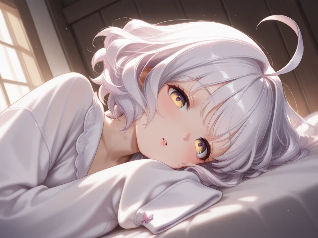 <lora:IL_Rowan:1>,1girl,solo,mb_rw,ahoge,yellow eyes,Rowan/(mabinogi/),blush,parted lips,looking at viewer,floating hair,dutch angle,light particles,close-up of face,from below,Just woke up,sleeping,sleepwear,sleeves past fingers,hand up,, masterpiece,best quality,amazing quality,very aesthetic,absurdres,