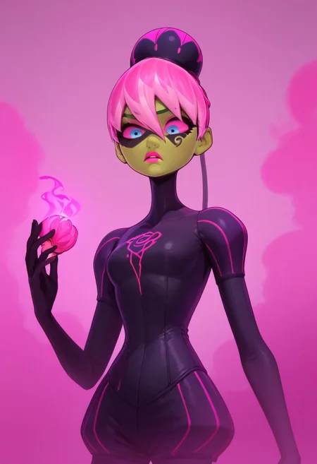 (score_9_up, score_8_up, score_7_up, score_6_up), g0th1c, glowing, Expressiveh, easynegative, high quality, ultra-highres, Princess Fragrance, green skin, glowing, magenta hair, pink hair, multicolored hair, two-tone hair, bangs, bun, hair between eyes, rosebud-like bun, blue eyes, pink sclera, pink lipstick, black paint around her upper face, over her eyes with a swirl below her left eye, black turtlenecked skin-tight suit, puffed sleeves, puffed shorts, Narrow pink lines, black tube came out of the top of the bun, rose design on her chest, blaster, dark purple tear-shaped bottle, pink horizontal lines, pink glass blaster, BREAK, background, purple mist, magenta fog