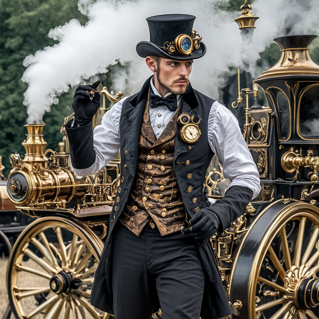 <lora:Rococo_Steampunk_SDXL:1> ArsMJStyle, Rococo Steampunk,  The image shows a man in a waistcoat and top hat adjusting his clockwork monocle while standing in front of a steam-powered carriage.